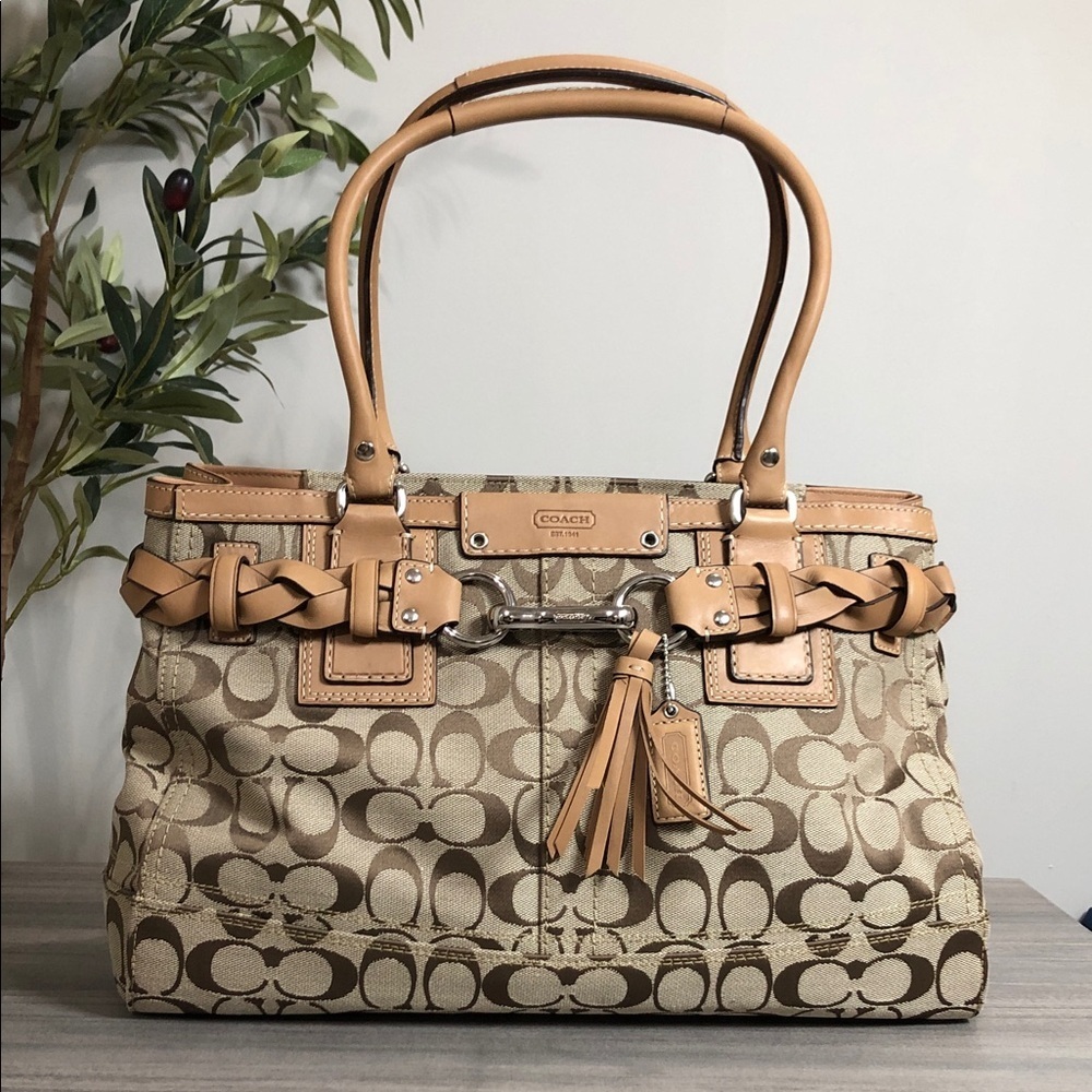 Coach Beige and Brown Signature Shoulder Bag With Tassel (BG1)